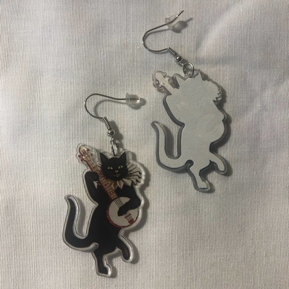 Banjo Cat Lucite Earrings Vintage Music Lover Gift Novelty Dangle Jewelry - Picture 4 of 5